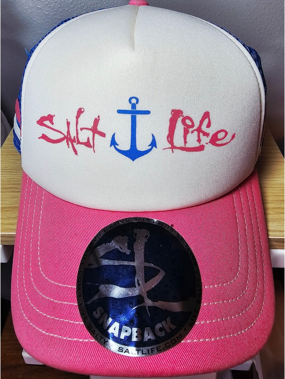 Salt Life Pink, White and Blue Snapback Baseball Cap with Anchor Logo